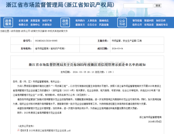 CILICILI视频APP看片入选2023年度浙江省信用管理示范企业名单